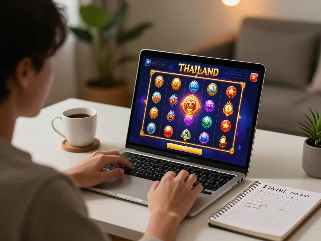 Engaging scene of online gaming with slot thailand game displayed on a laptop during a casual home environment.