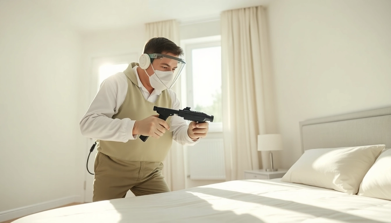 Technician applying bed bug chemical treatment in a clean bedroom with professional care.