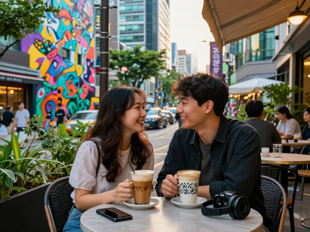 강남 달토에서 젊은 커플이 트렌디한 카페에서 즐거운 시간 보내는 모습