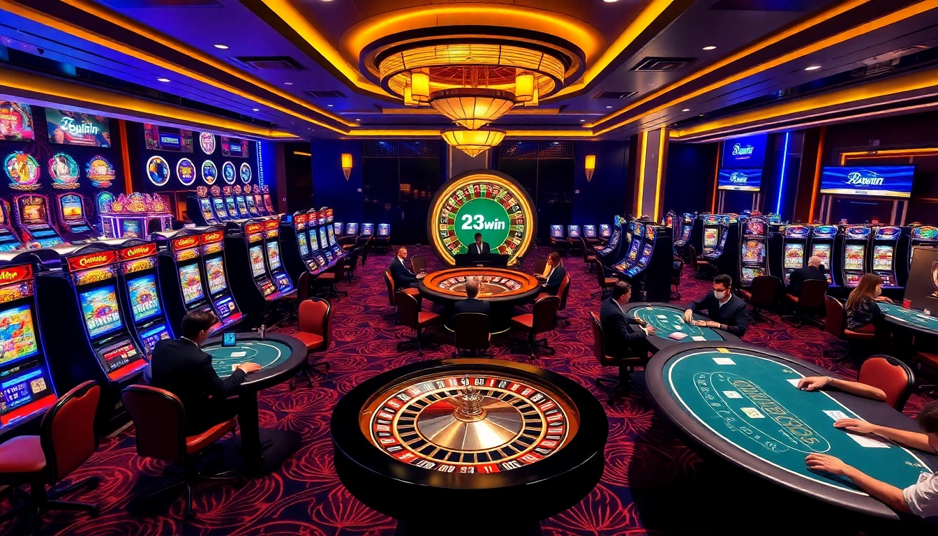 Exciting gaming atmosphere at nhà cái 23win showcasing poker tables, slots, and roulette.