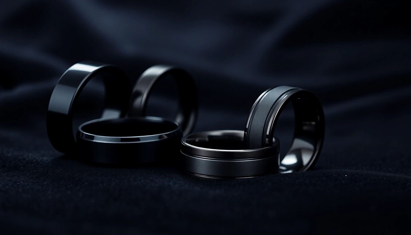Showcasing elegant black wedding rings for men with luxurious textures and modern designs.
