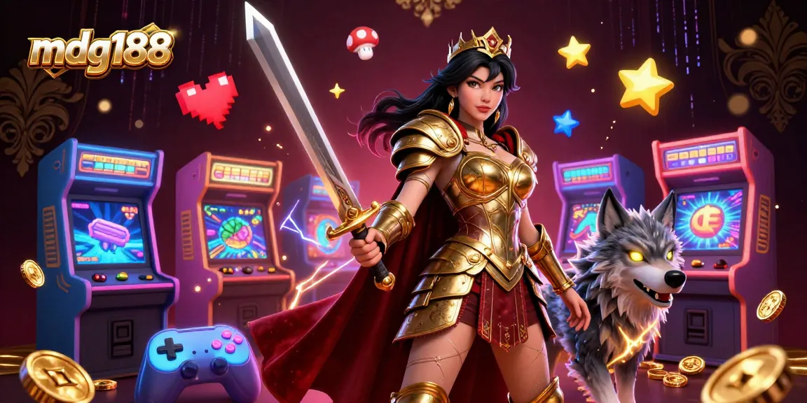 Experience the excitement of mdg188 with vibrant gaming elements and a warrior queen in action.