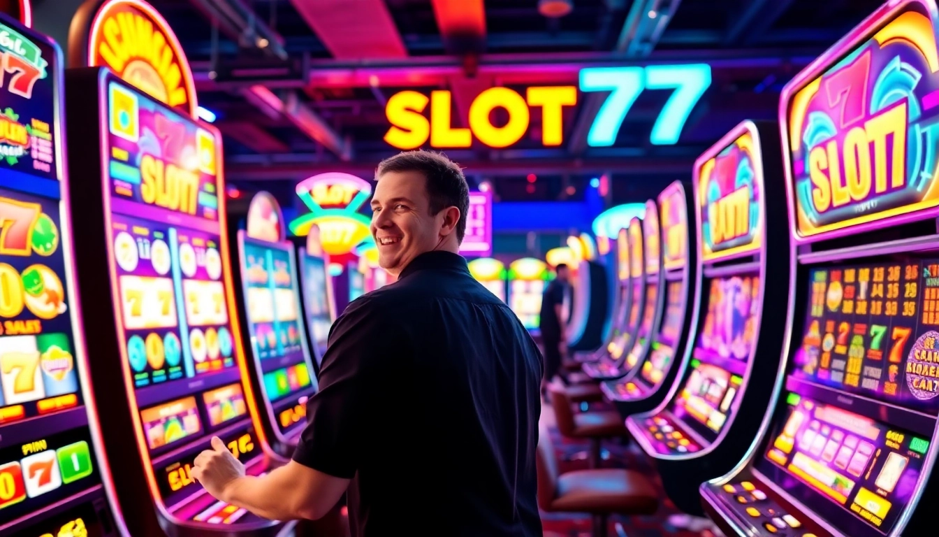 Menggiring Slot77 dengan mesin game berwarna-warni dan suasana kasino yang meriah.