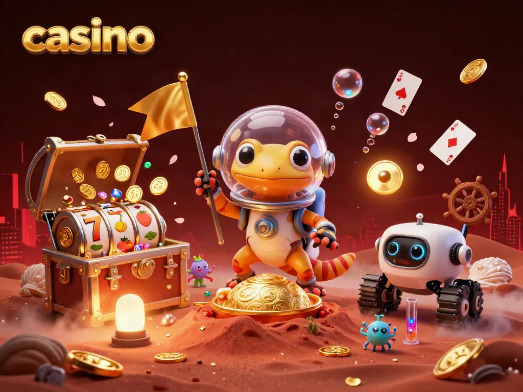 Martian gecko casino adventure featuring vibrant slot reels, gold coins, and alien bacteria