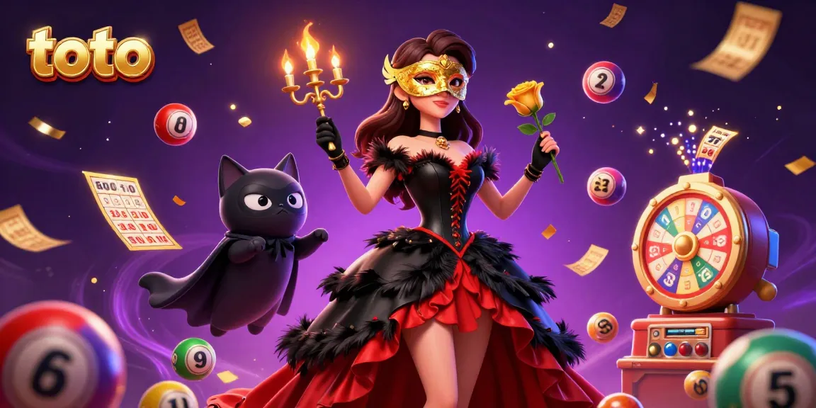 Toto lottery scene with vibrant numbered balls bouncing around a radiant lady and her cat companion