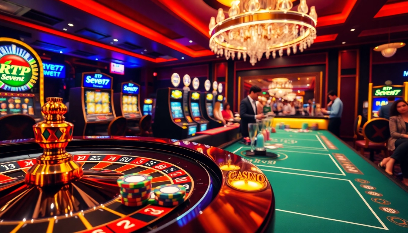 Excited players enjoying games at the RTP Seven77 casino with roulette wheels and poker chips.