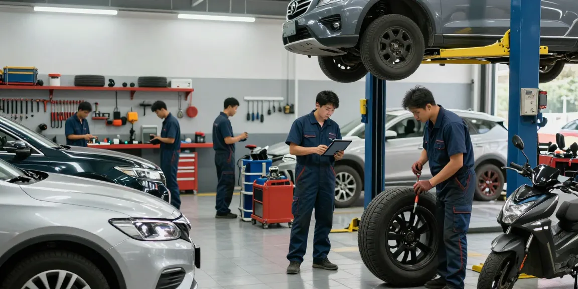 Sifu24 car services showcased in a busy garage with mechanics repairing vehicles and using diagnostic tools.