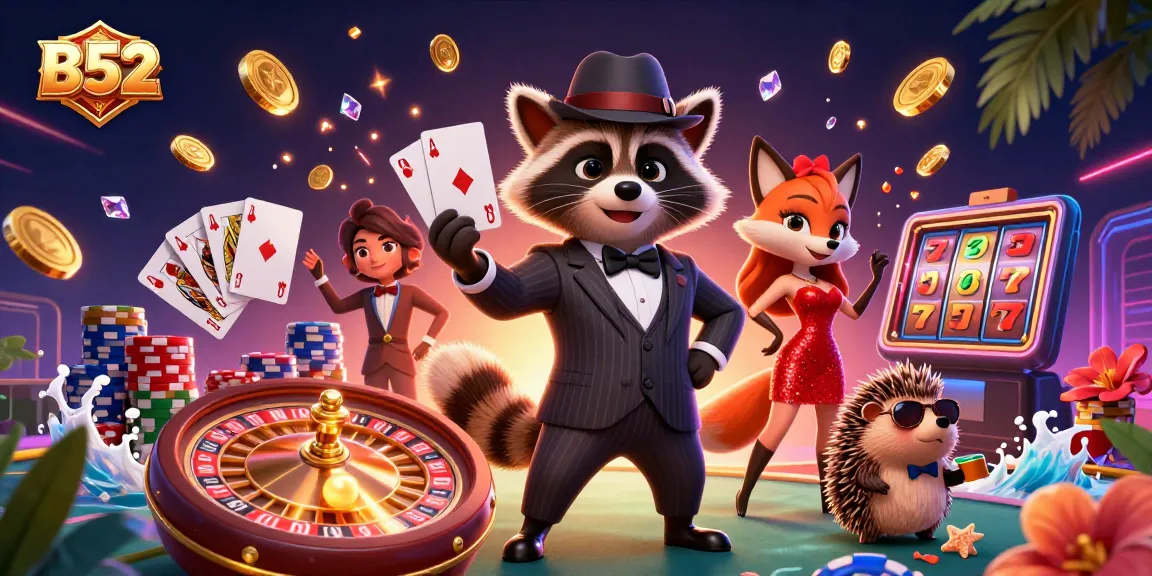 B52 casino illustration with a suave raccoon, elegant fox, and hedgehog bouncer amidst vibrant casino elements.