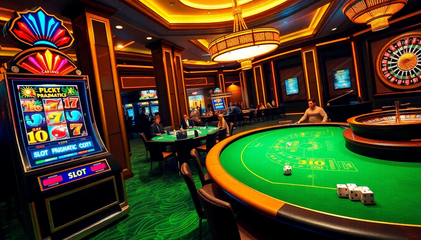 Players engaging with a Slot Pragmatic machine in a vibrant, high-stakes casino environment.
