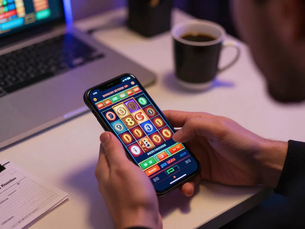 Player enjoying alexis77 slots on smartphone in a cozy setting, highlighting engaging online gaming experience