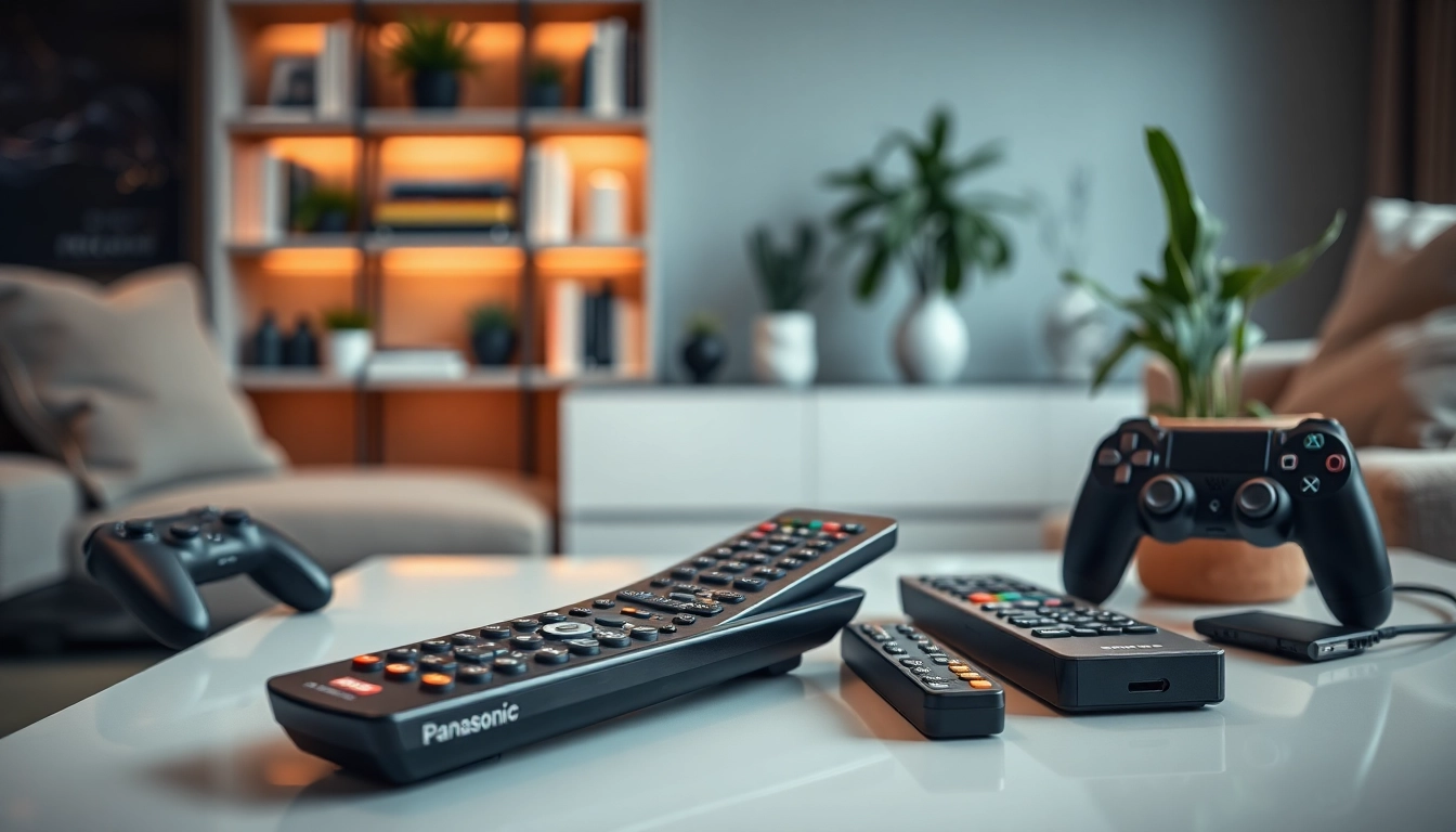 Bedienung der Panasonic Fernbedienung TX auf einem eleganten Tisch mit Zubehör.