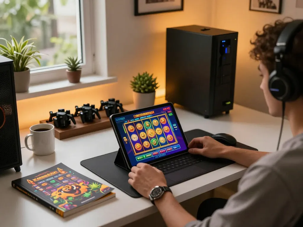 Engaging in online slot gaming with link slot kamboja displayed on tablet screen and a cozy home atmosphere