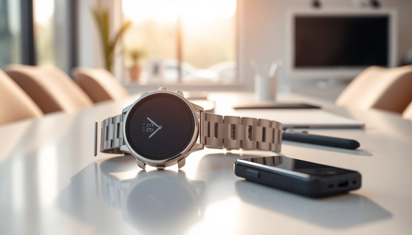 Showcase a sophisticated Pulse Smart Watch in a modern office, emphasizing its sleek design.