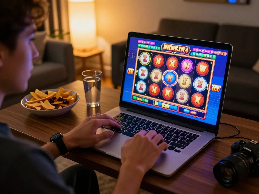 Engaging in slot gacor gampang menang online gaming session on a laptop in a cozy living room with snacks.