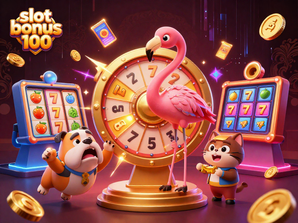 Engage with slot bonus 100 at an exciting game show scene featuring a golden prize wheel and thrilled contestants.