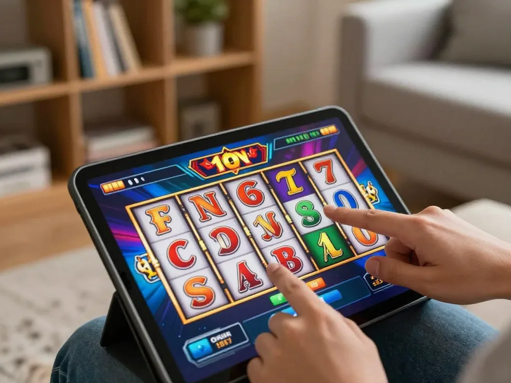 Engaging player spinning reels on slot game interface from tablet in cozy home setting