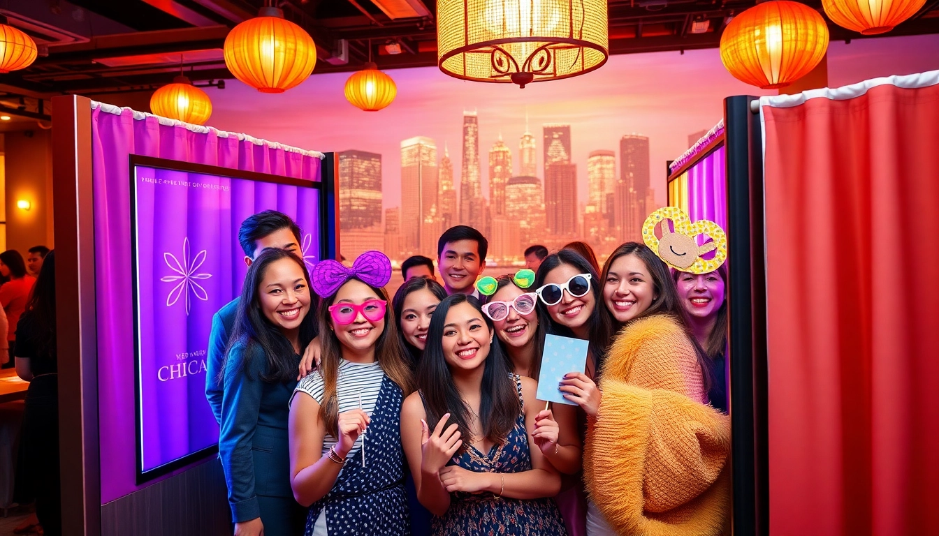 Guests enjoying a photo booth chicago experience with smiles and vibrant backdrops.