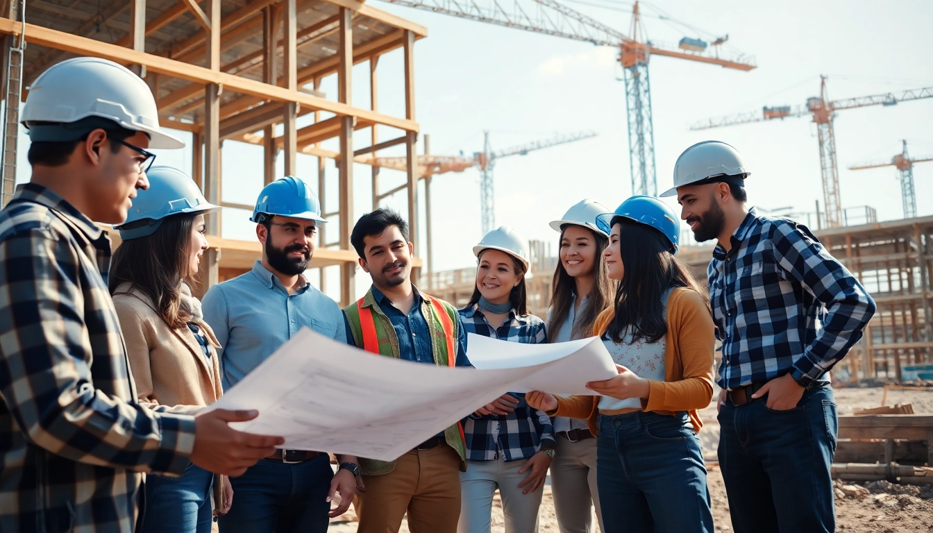 Workers engaging in Austin construction collaboration on-site with blueprints and construction equipment.