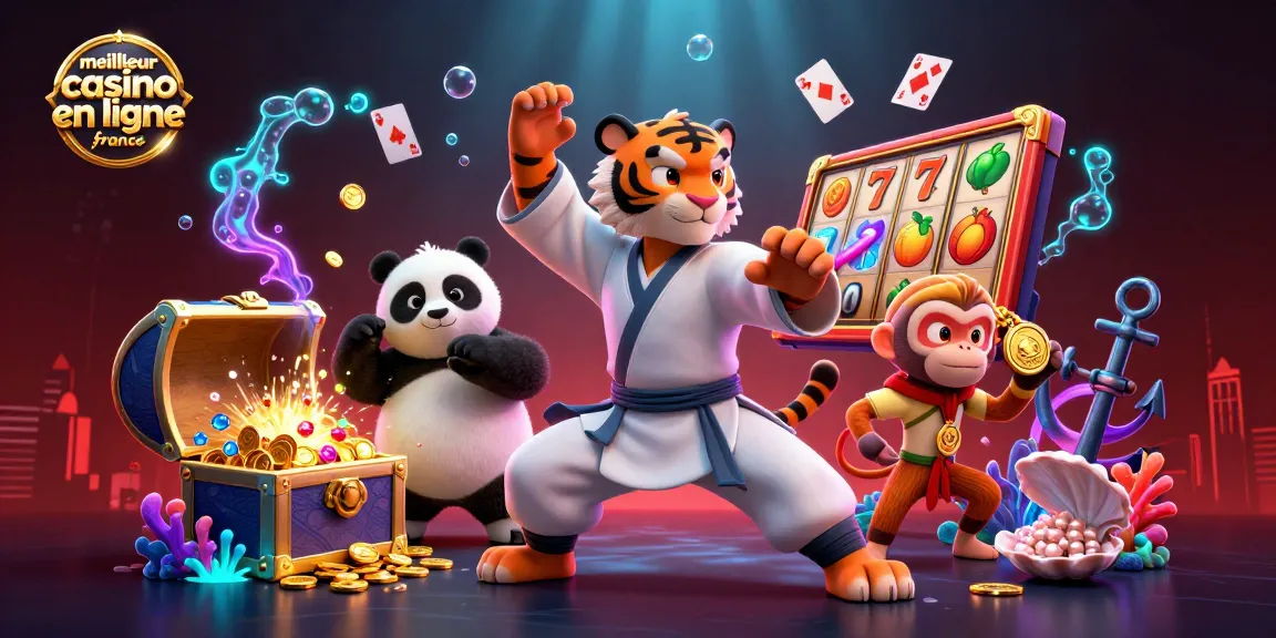 Illustration dynamique du meilleur casino en ligne France avec un tigre kung-fu et des éléments de jeu tels que des machines à sous et des médailles d'or.