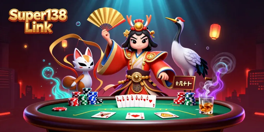 Engage with thrilling gameplay at Super138 Link, illustrated with kabuki warrior and casino elements.