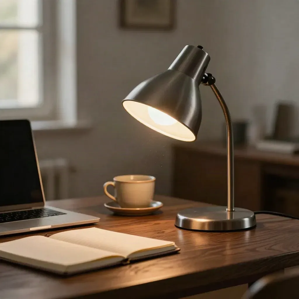 Desk lamp glowing over laptop, notebook, and ceramic cup on a dark oak office desk.