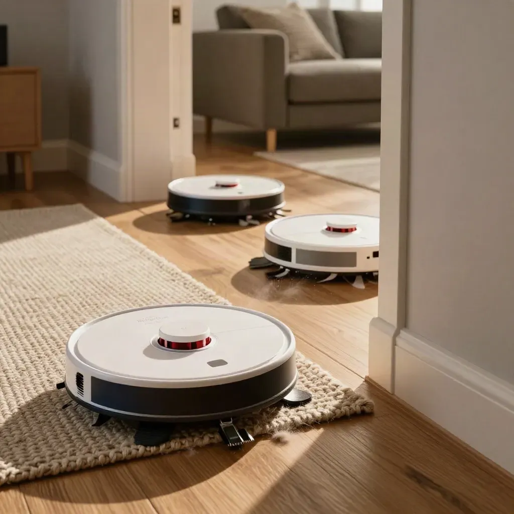 Three robot vacuums cross a rug lip on hardwood in warm late-afternoon light.