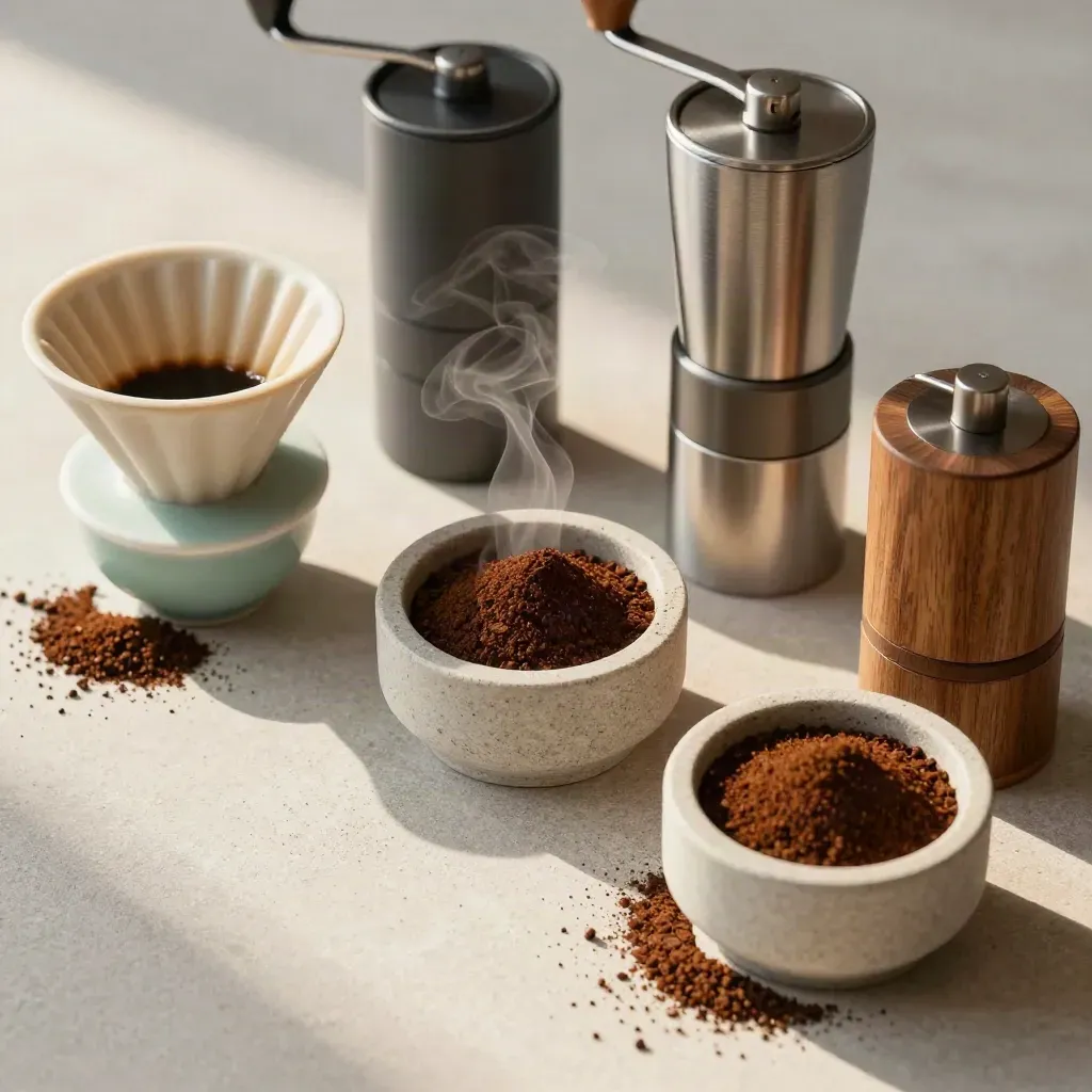 Three coffee grinders spilling fresh grounds beside a filter cone on pale stone, with steam and chaff.
