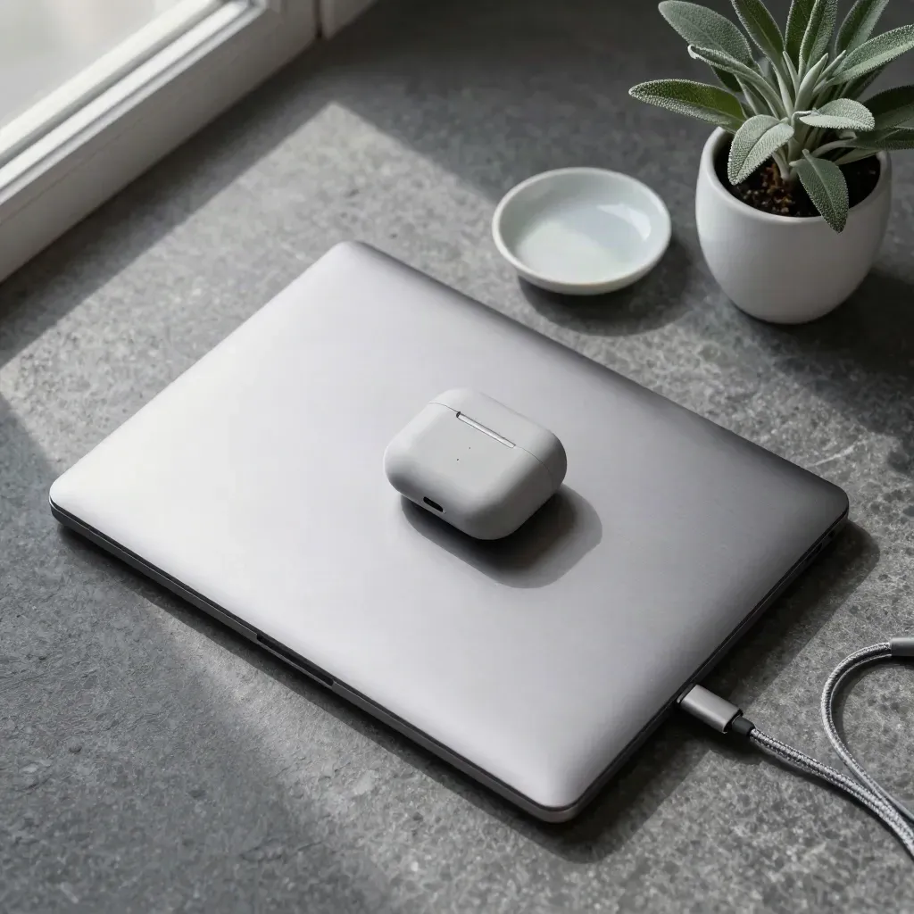Overhead still life of a laptop, earbuds case, cable, plant, and ceramic dish on stone