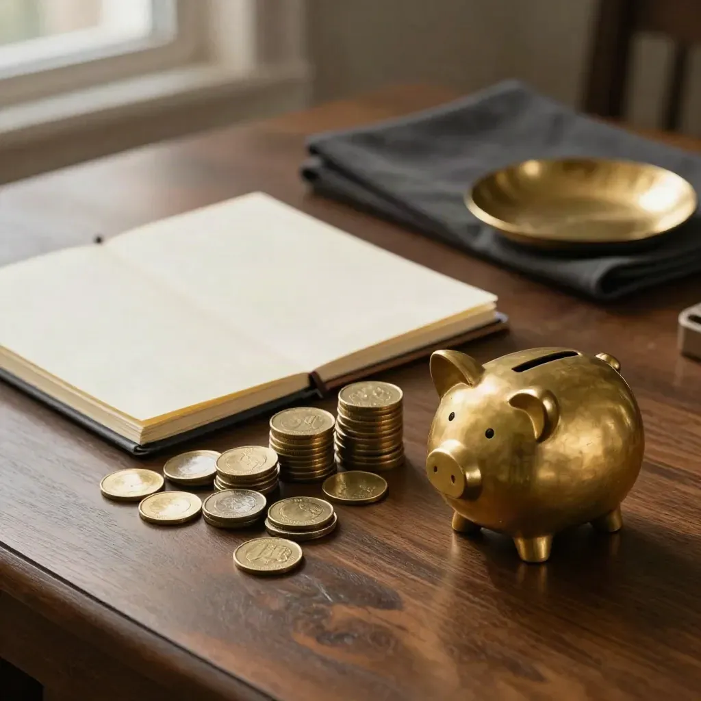 Brass piggy bank, sorted coins, and cream notebook on a dark walnut desk in soft light.
