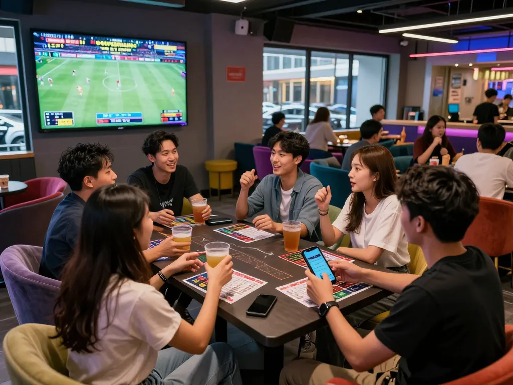 Friends enjoying Thể thao hubet88 in a lively sports betting lounge.