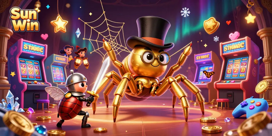 Engage in casino thrills with Sun Win featuring a golden tarantula and beetle knight in an enchanting gaming scene.