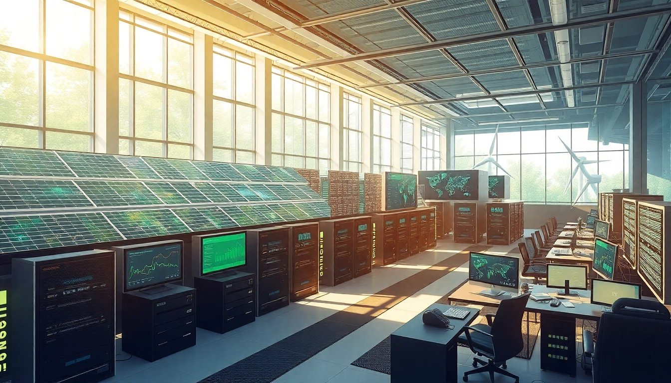 Cloud mining site showcasing renewable energy and advanced technology for cryptocurrency operations.