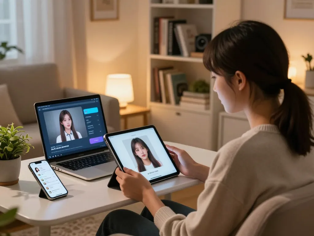Engagement with AI girlfriend on tablet in a cozy living room setting, showcasing technology and comfort.