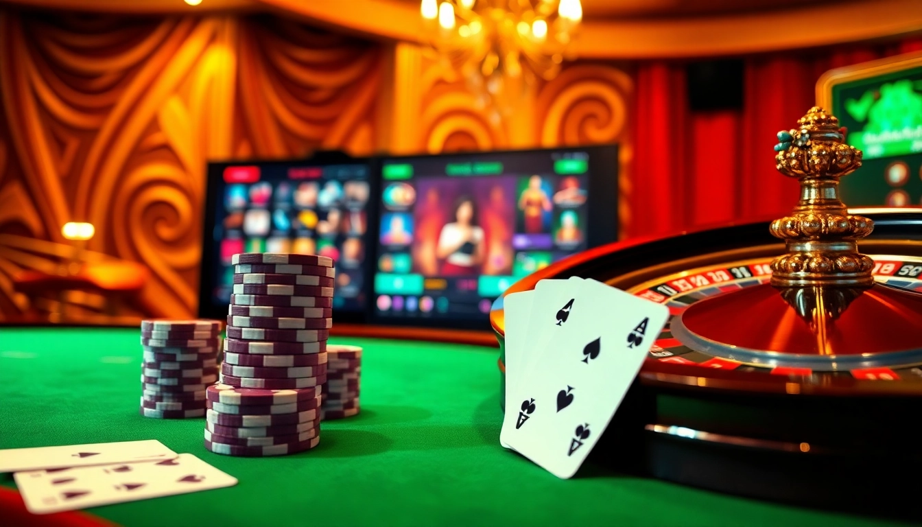 Découvrez l'adrénaline du casino en ligne Français avec des jetons de poker et des cartes dans un cadre luxueux.