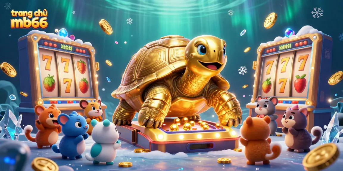 Engage with exciting gaming at trang chủ mb66, featuring a dynamic casino scene with vibrant slot reels and a golden tortoise.