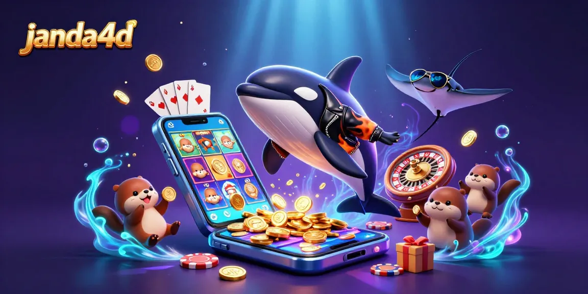 JANDA4D menampilkan orca kartun dengan jaket kulit dan ikan pari keren, dikelilingi koin emas.