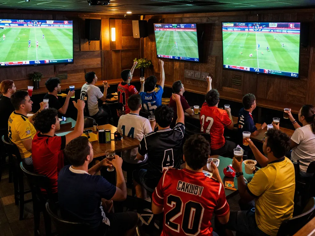 Cakhiatv streaming live football matches as fans cheer at a vibrant sports bar