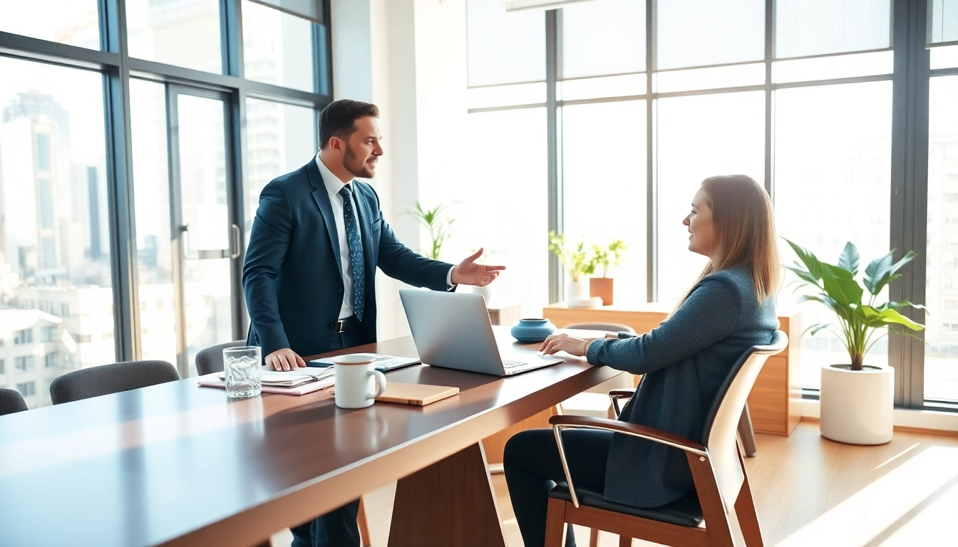 Engaging business coaching service session in a modern office with a professional coach and client.