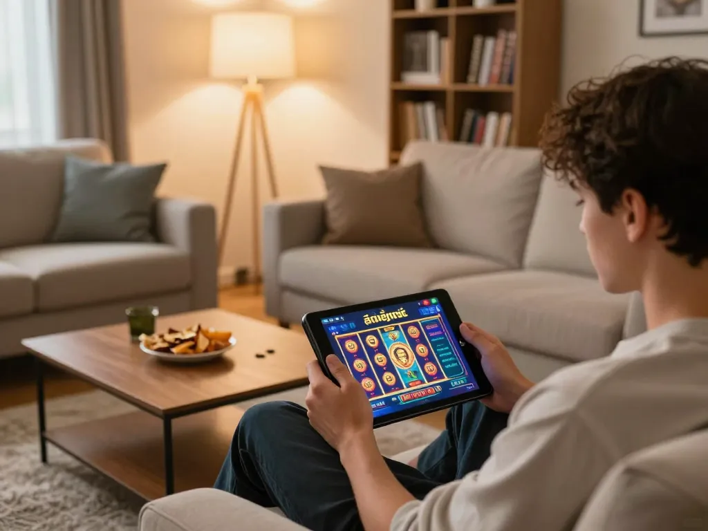 Player engaging with สล็อตวอเลท on a tablet in a cozy home setting, emphasizing comfortable online gaming.