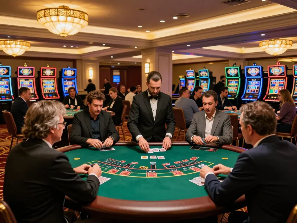 Players strategizing bets at a blackjack table showcasing top quality widgets in a vibrant casino environment