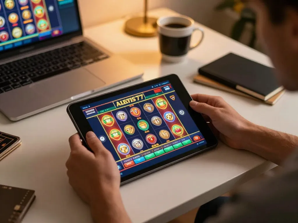 Player engaging with the alexis77 online slot game on a tablet at home, emphasizing casual, responsible gaming.