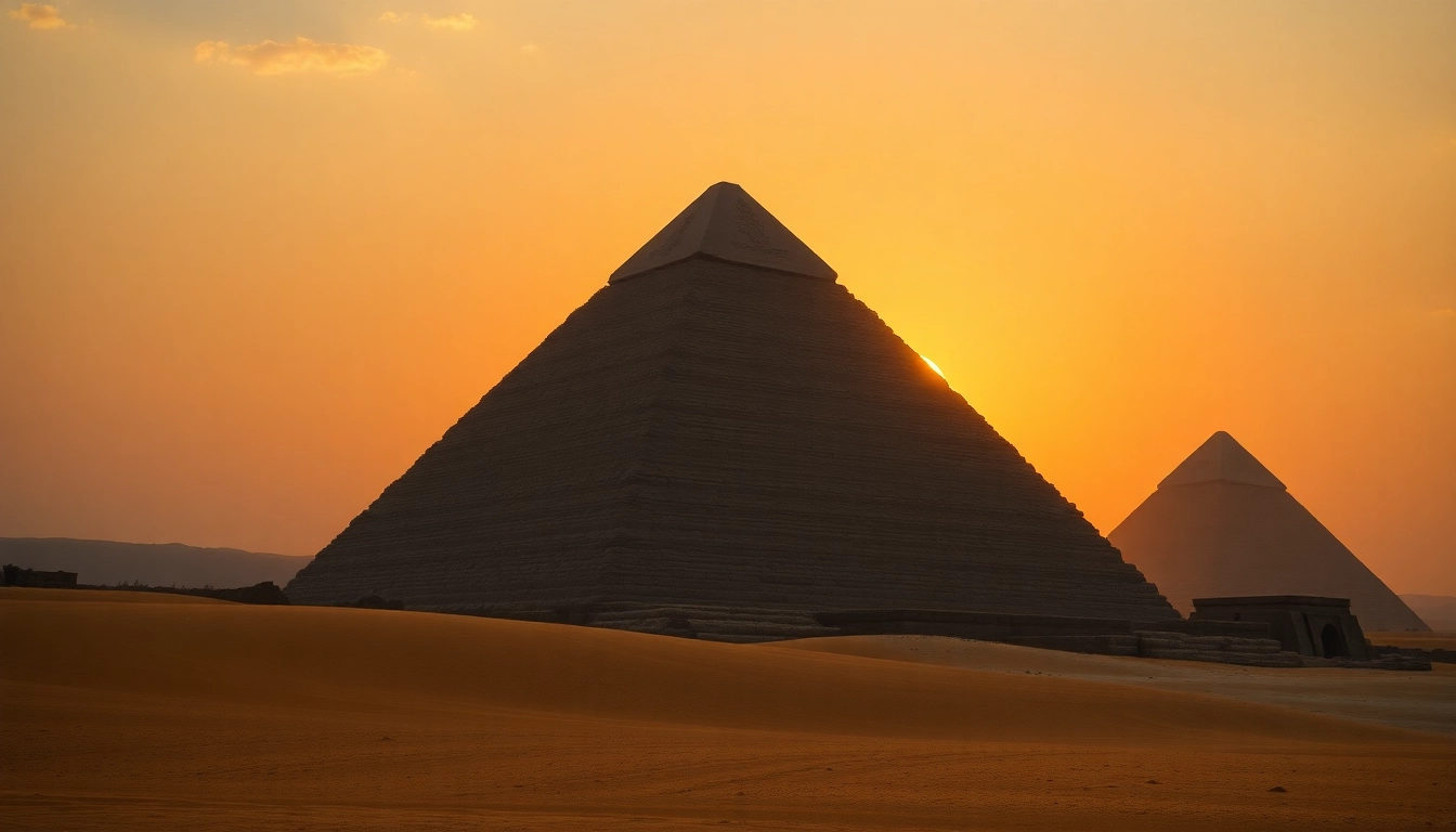 The majestic piraminds stand silhouetted against a vibrant sunset, showcasing ancient craftsmanship.