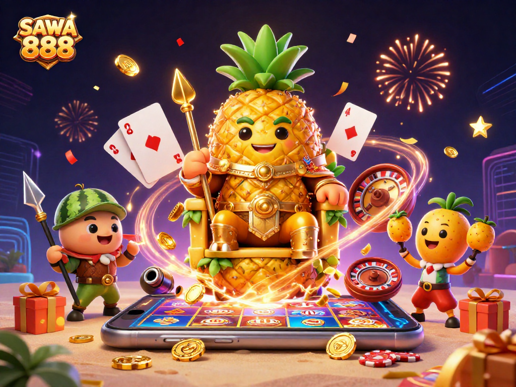 Spin thrilling slot games like SAWA 888 with festive characters on a lively casino beach scene.