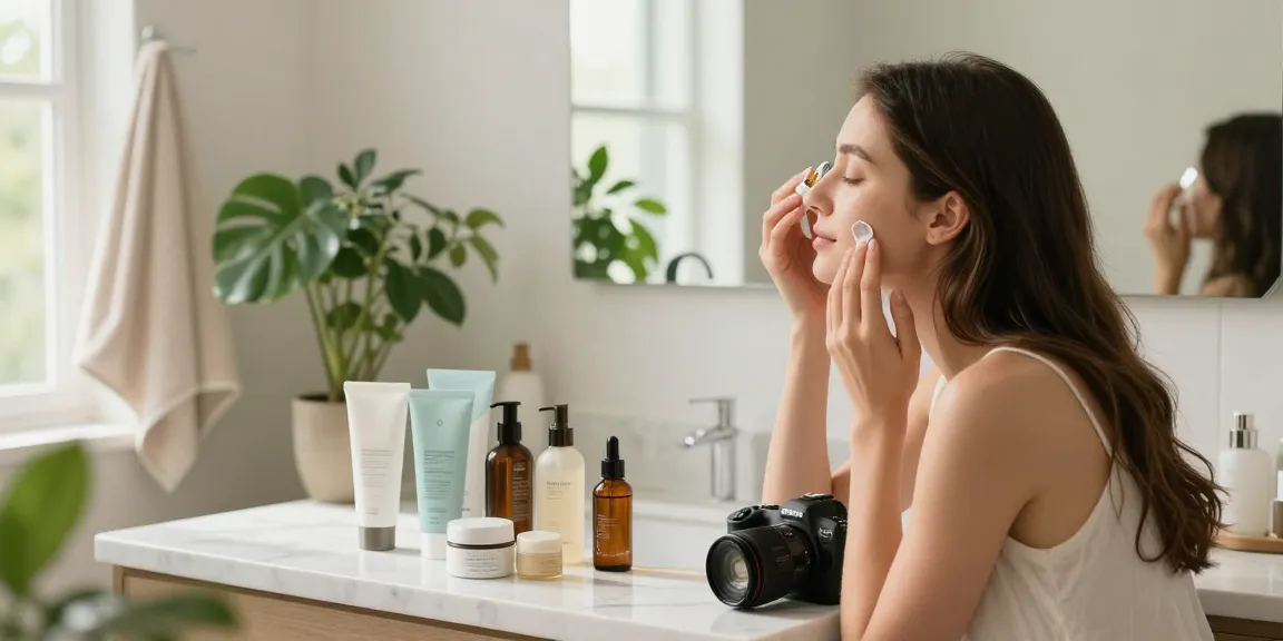 Rutina captivantă de îngrijire a pielii într-o baie luminoasă și primitoare, cu produse și lumină naturală.