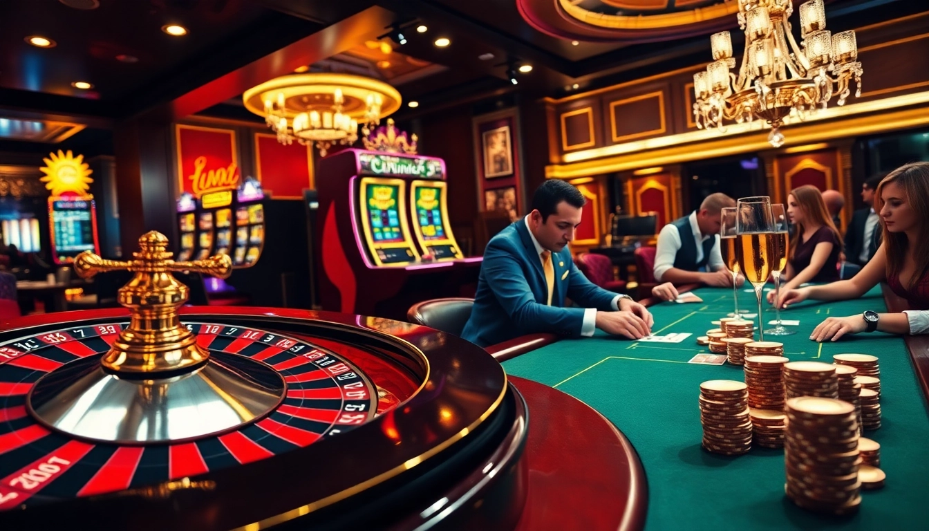 Scène passionnante de joueurs profitant du casino en ligne Français avec roulette, poker et machines à sous vibrantes.