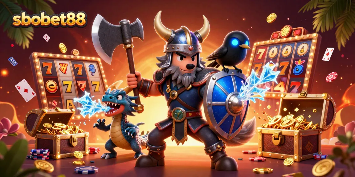 Engage in thrilling gameplay with sbobet88, featuring a Viking wolf warrior and a fierce dragon amidst dazzling casino elements.