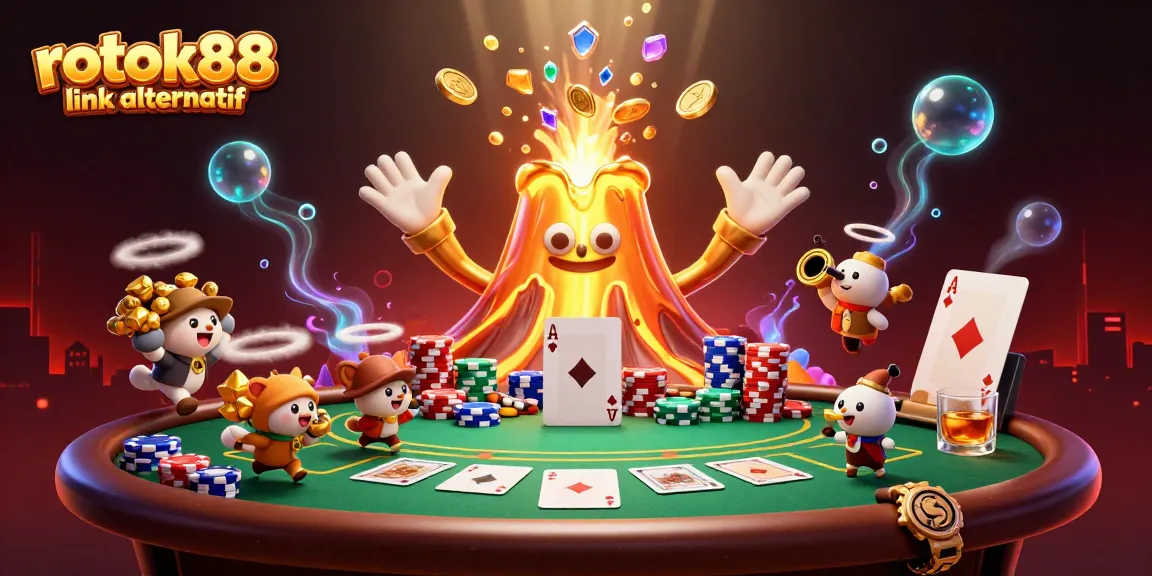 Experience excitement with rokok88 link alternatif as a golden volcano erupts coins, surrounded by poker action.