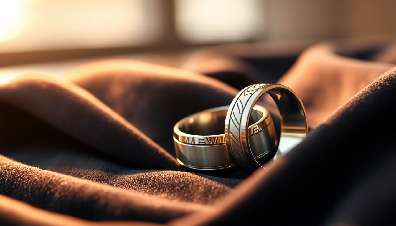 Admire tungsten wedding bands displayed beautifully on dark velvet, highlighting their elegant design.