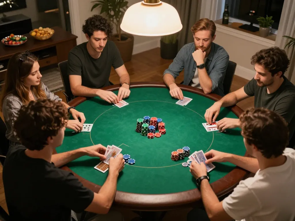 Spin Panda players enjoying a friendly poker game at home, chips and cards creating a lively atmosphere.