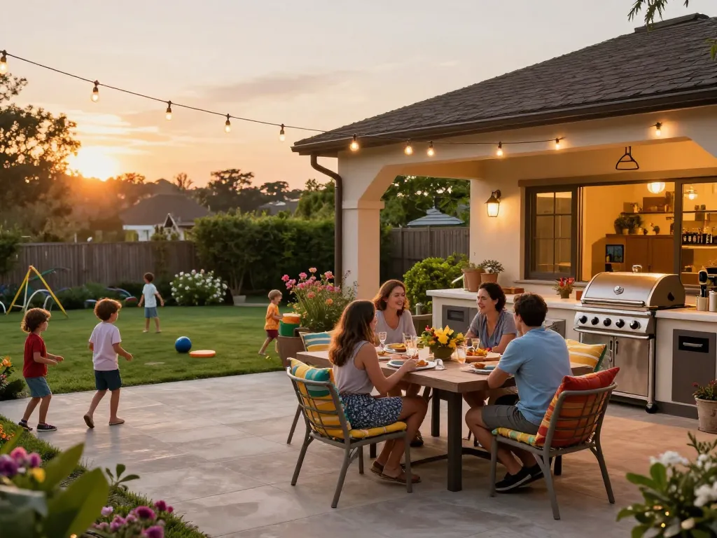 Outdoor living configurator showcased in a vibrant backyard with family enjoying dinner together.